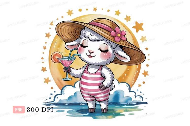 Fluffy sheep enjoys summer drink cocktail