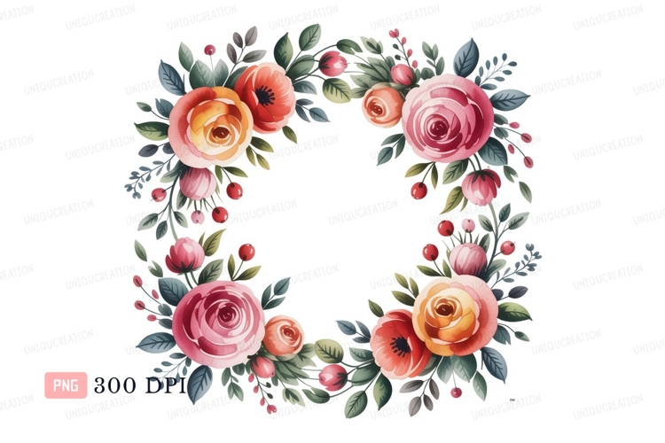 Floral wreath with roses and berries leaves