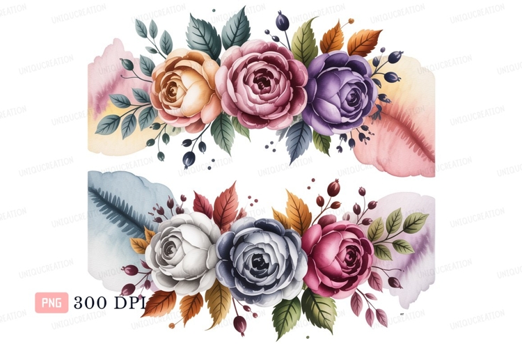 Watercolor floral arrangement with roses and leaves