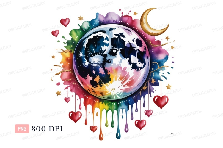 Celestial sphere hearts dripping rainbow moon