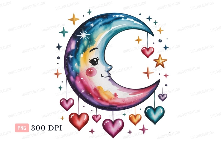 Smiling crescent moon with hearts and stars face