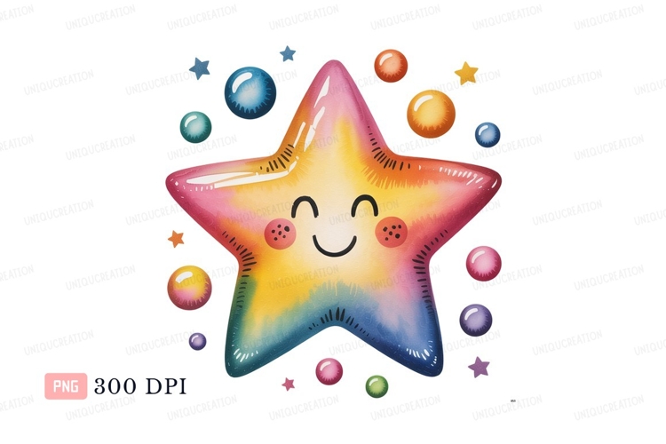 Happy rainbow star surrounded by colorful bubbles image