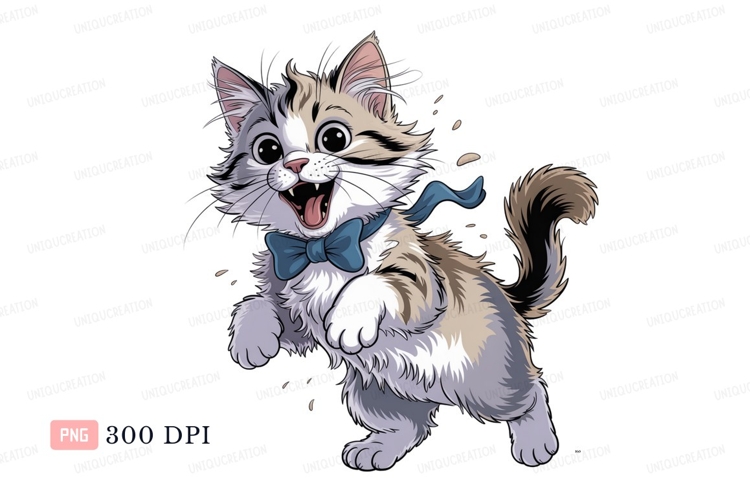 Fluffy kitten with blue bow playful