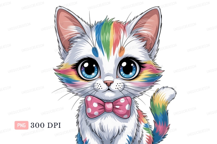 Fluffy kitten with rainbow colors and pink bow colorful