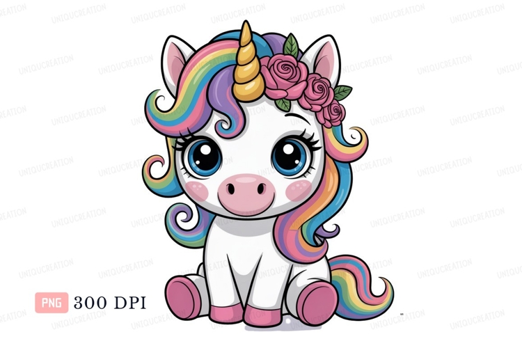 Cute unicorn with rainbow mane and pink roses horn