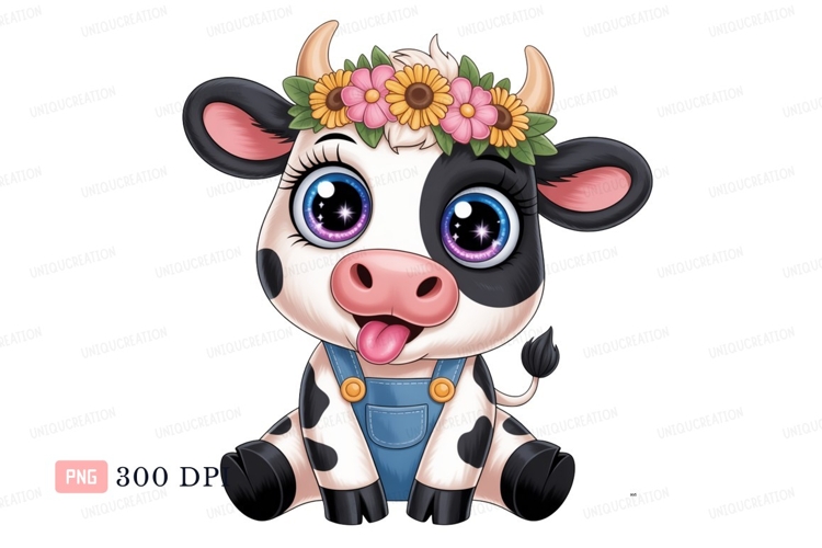 Cute cow wearing flower crown and overalls calf animal
