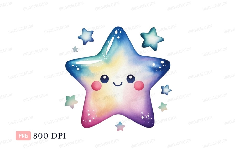 Smiling star with rainbow colors and small stars colorful