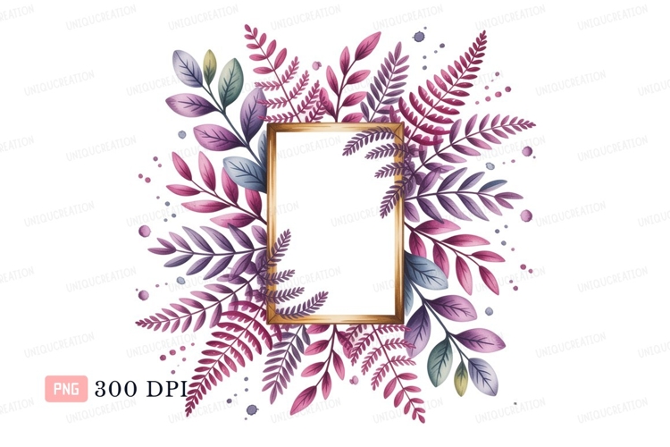 Golden frame adorned with colorful foliage leaves purple