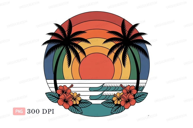 Tropical sunset beach scene with palm trees and flowers