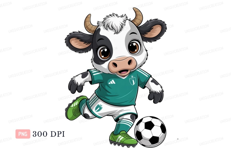 Cartoon cow playing soccer calf animal