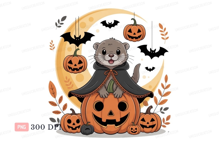 Otter wearing cape with pumpkins and moon halloween