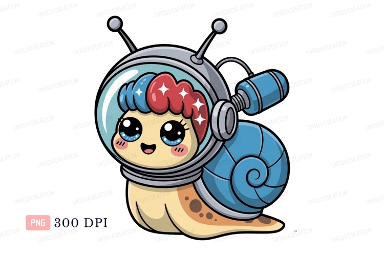 Cute snail astronaut with blue shell helmet space