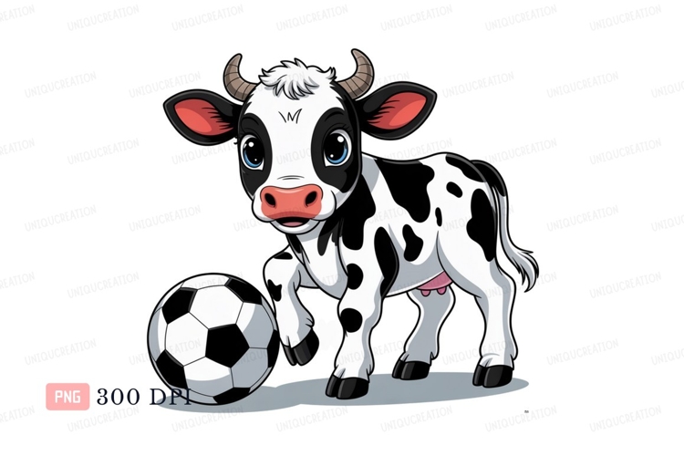 Cute cow playing soccer calf black