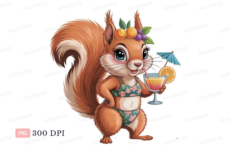 Cute squirrel wearing bikini holding cocktail animal