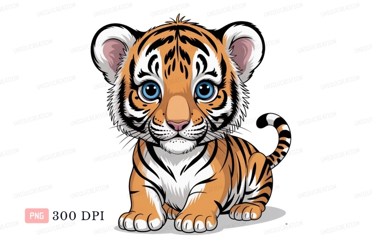Adorable orange tiger cub with blue eyes white black