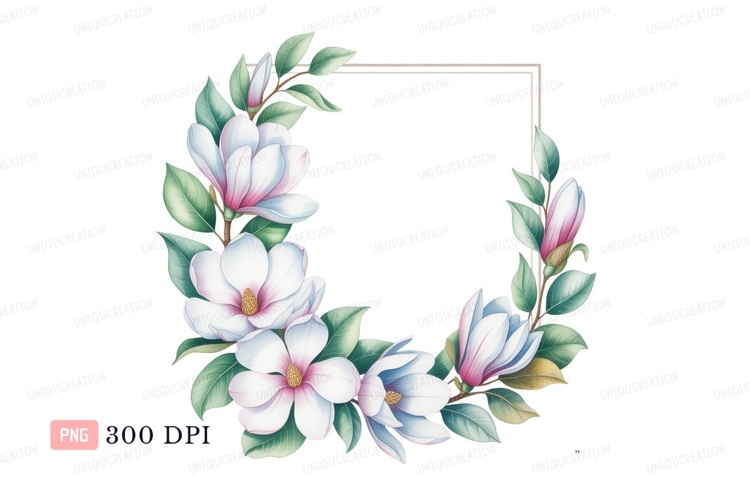 White pink magnolia floral frame flowers leaves