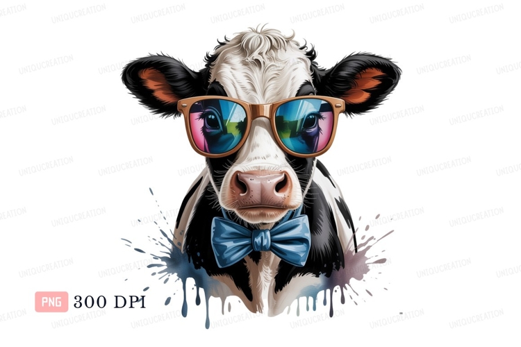Cool cow wearing sunglasses and bowtie black white