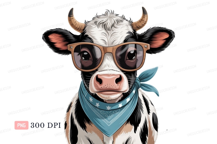 Cow wearing glasses and bandana black white