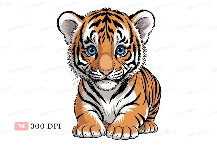 Cute orange tiger cub with blue eyes white black