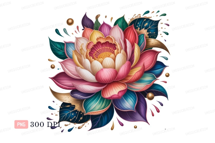 Colorful lotus bloom with golden accents keywords