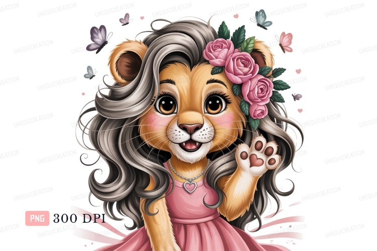 Cute lioness with flowers and butterflies cartoon pink