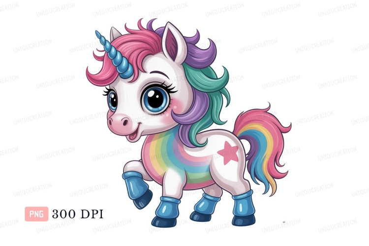 Cute unicorn with rainbow mane and tail horn