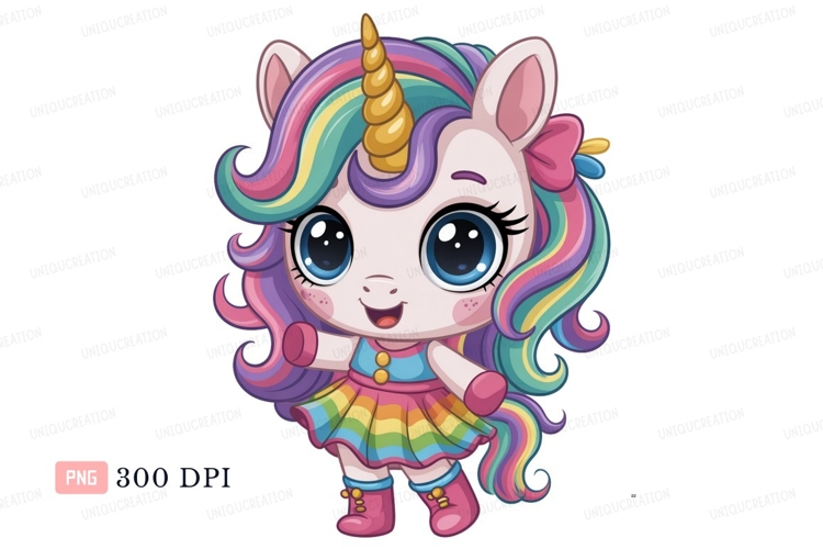 Cute unicorn with rainbow hair and dress cartoon fantasy