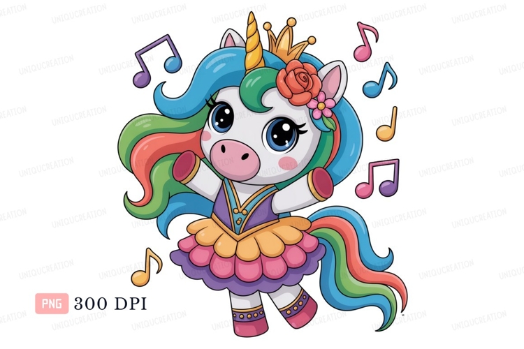 Dancing unicorn with colorful mane and music notes