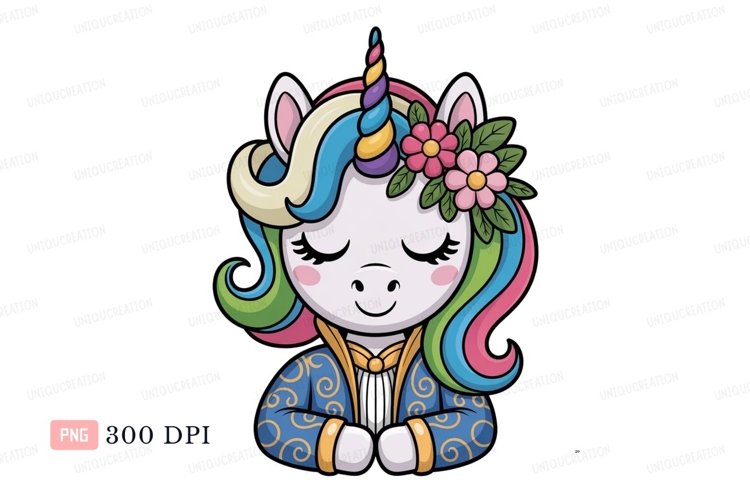Cute unicorn adorned with flowers and ornate jacket