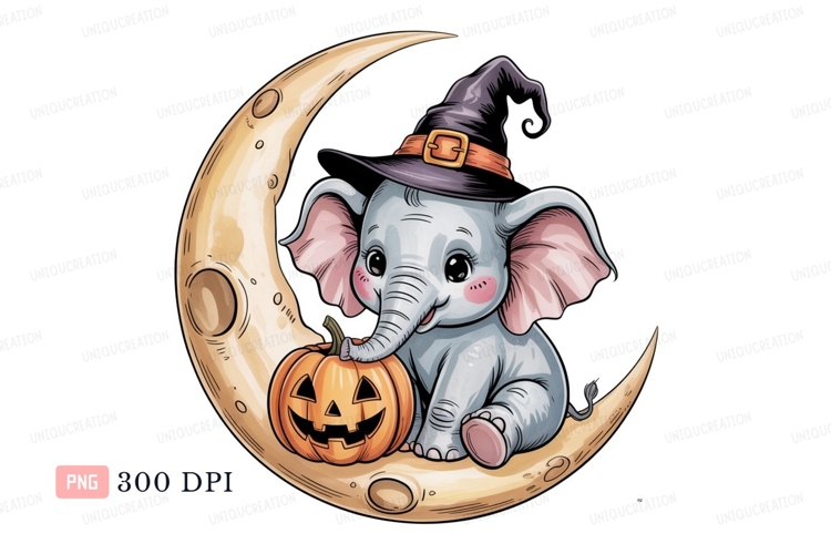 Cute elephant witch on moon with pumpkin image