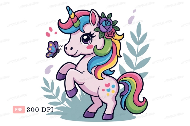 Pink unicorn with rainbow mane and butterfly tail