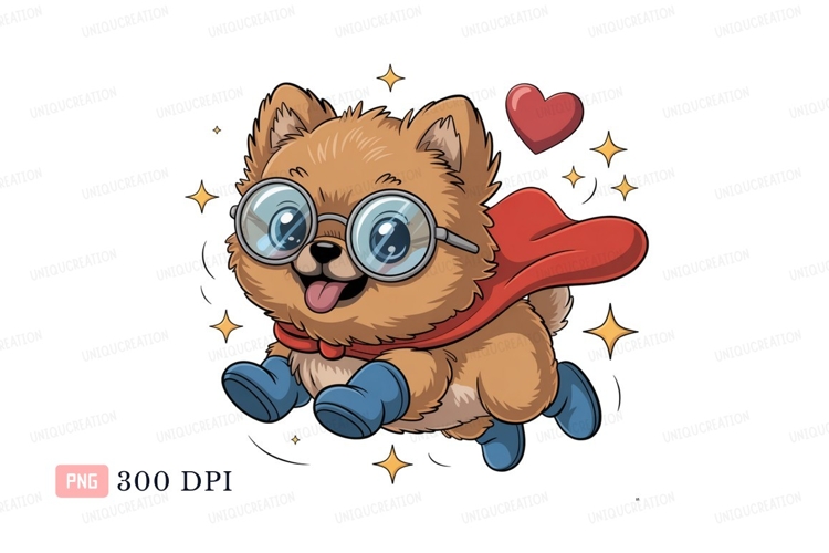 Fluffy dog superhero flying with glasses canine puppy