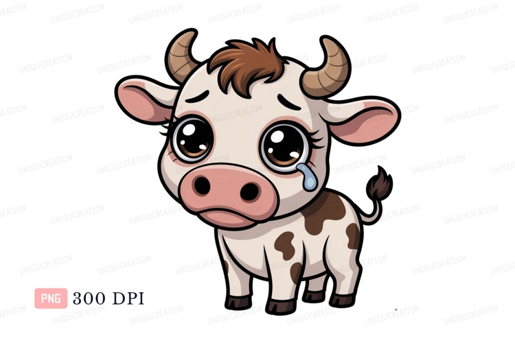 Sad cartoon cow crying calf tears