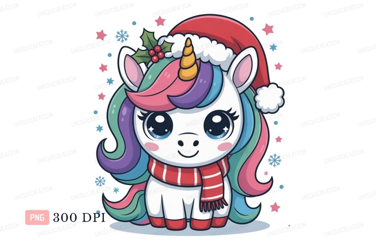 Festive unicorn wearing santa hat and scarf christmas