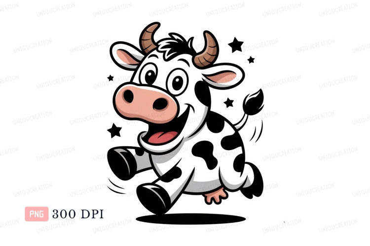 Happy cartoon cow jumping with stars black white