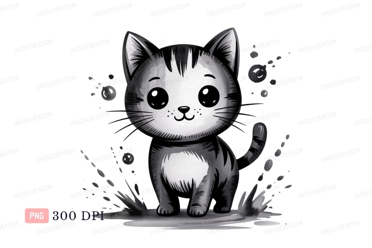 Cute striped kitten splashing water black