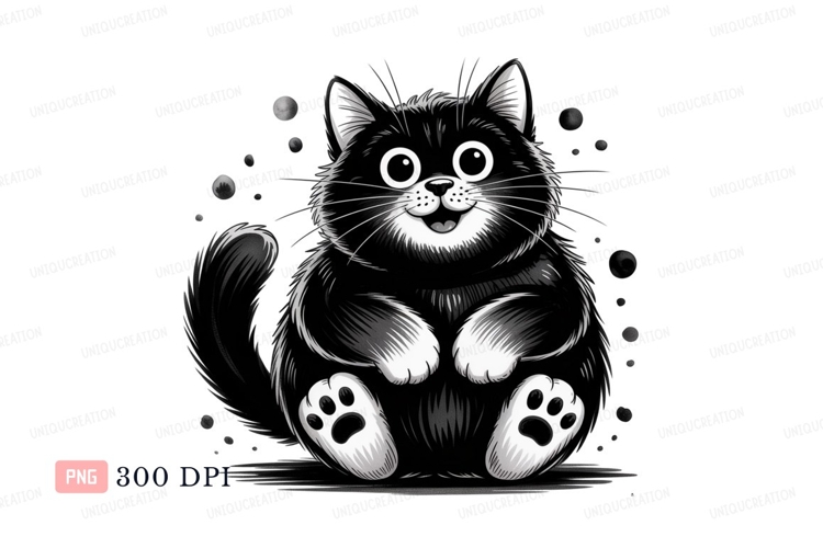 Fluffy black cat with wide eyes white cartoon