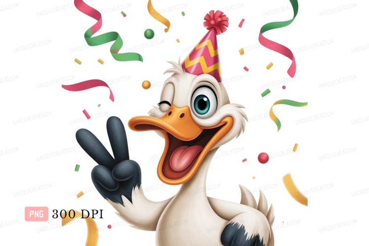 Winking duck celebrating party cartoon confetti