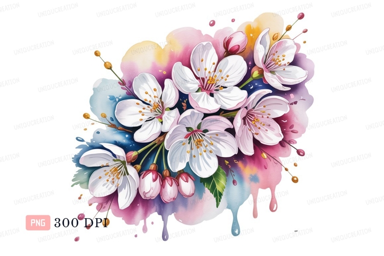 White cherry blossoms pink buds watercolor flowers