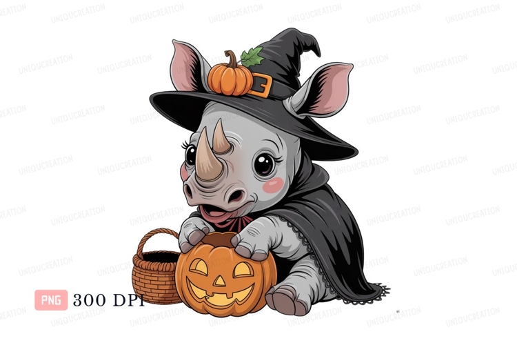 Cute rhino witch with pumpkin halloween