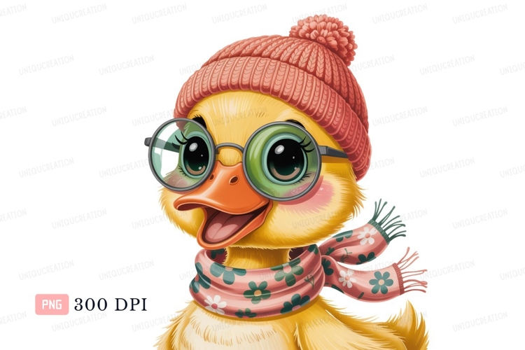 Yellow duckling wearing pink hat and scarf image