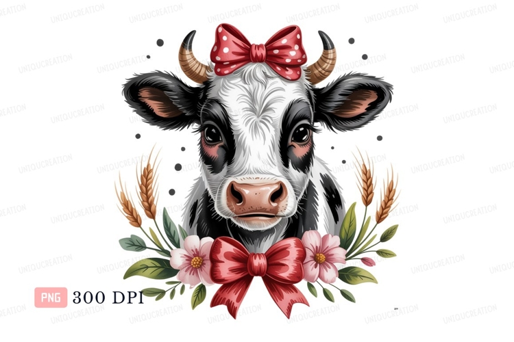 Black white cow with red bows and flowers pink