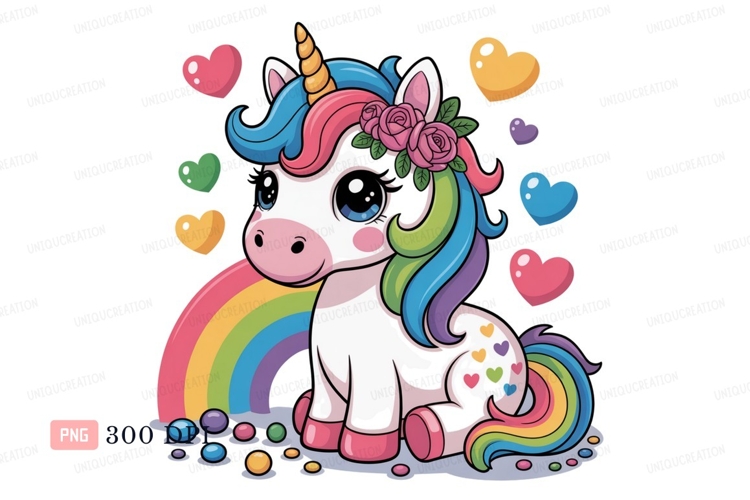 Cute unicorn with rainbow mane and hearts fantasy