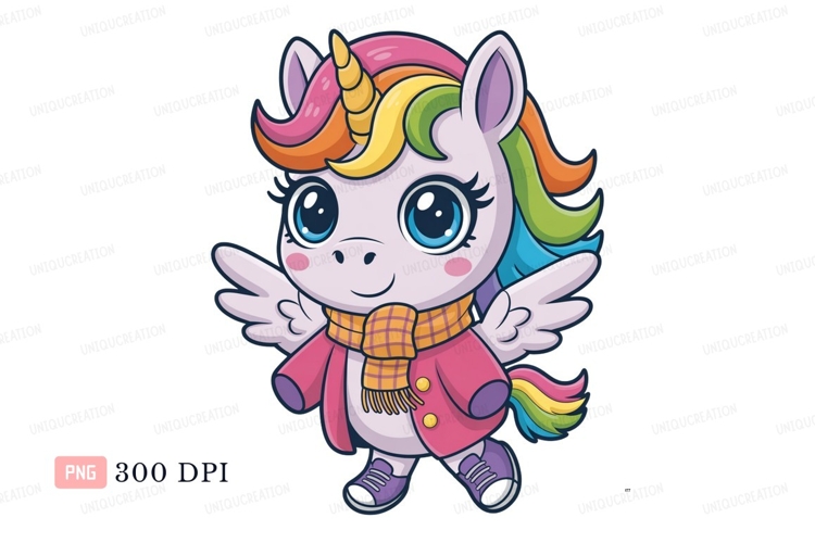 Cute unicorn wearing scarf and coat fantasy mythical
