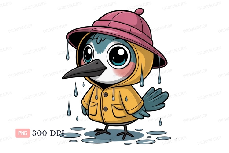 Cute bird in yellow raincoat and pink hat image