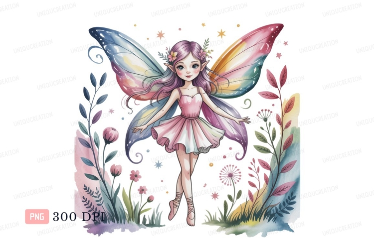 Whimsical fairy with pastel wings dancing among flowers