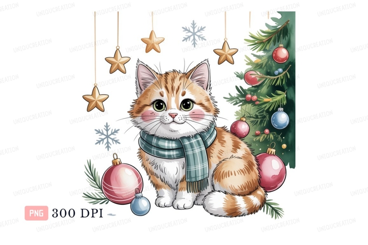 Orange tabby cat wearing scarf near Christmas tree
