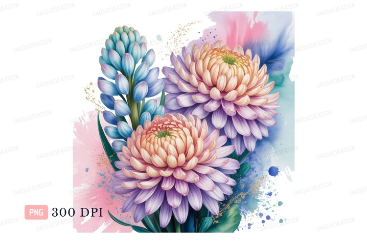 Blue hyacinth and pink chrysanthemums purple