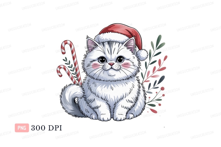 Fluffy white cat wearing Santa hat kitten christmas