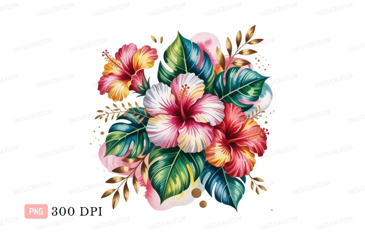 Tropical hibiscus flowers vibrant foliage gold accents